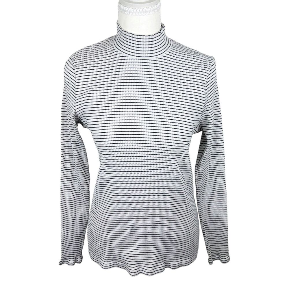 Uniqlo Sweater Women Extra Large Black White Striped Mock Neck Pullover L/S Knit